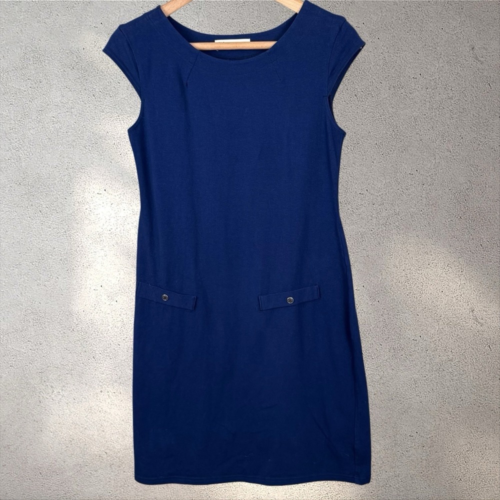 Fig Organic Cotton Pia Dress Cap Sleeve Front Pockets‎ Stretch Blue Sz L